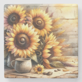 Porta-copo De Pedra Sunflowers Watercolor Painting