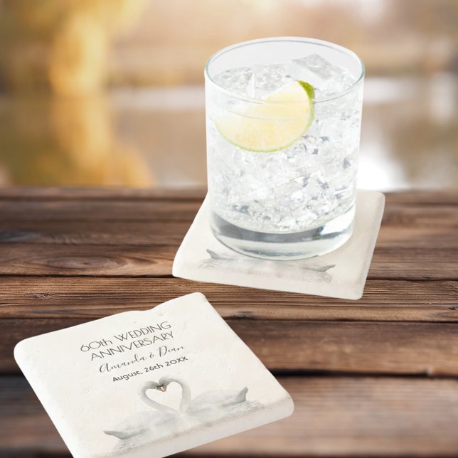 Porta-copo De Pedra Swans brancos românticos do aniversário de 60 anos (Criador carregado)