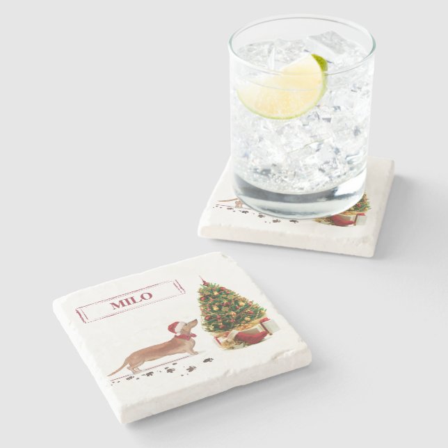 Porta-copo De Pedra Tan Dachshund Engraçado Cachorro de Natal com Árvo (Lateral)