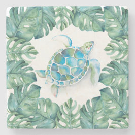 Porta-copo De Pedra Tartaruga Tropical e Folhas de Palma