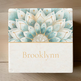 Porta-copo De Pedra Teal Blue Dourado Floral Mandala Personalizado