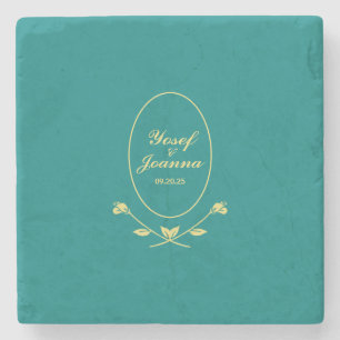 Porta-copo De Pedra Teal e Dourado Casamento