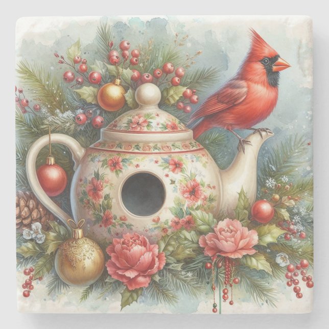 Porta-copo De Pedra Teapot Birdhouse Cardinal 4 (Frente)