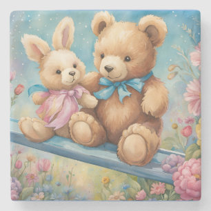 Porta-copo De Pedra Teddy Bear e Bunny Sentados no jardim