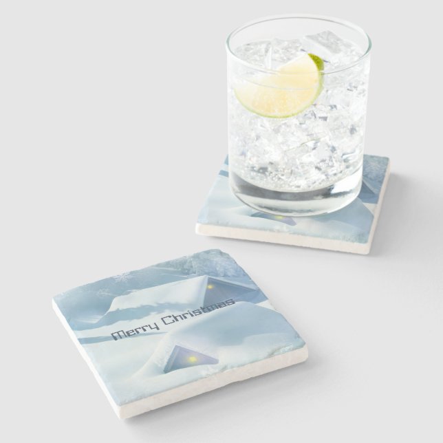 Porta-copo De Pedra Telhados cobertos com neve brilhante (Lateral)