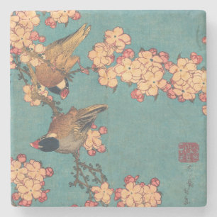 Porta-copo De Pedra Tentilhão-de-bico-grosso de Hokusai e Flor de Cere
