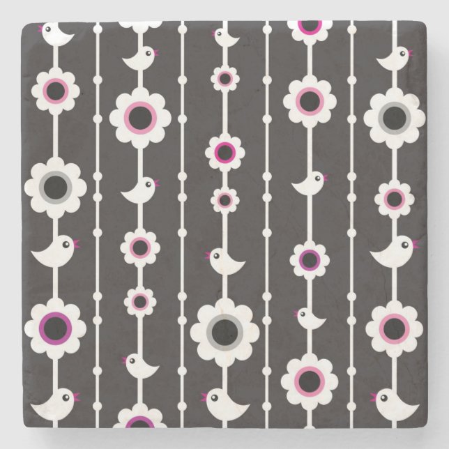 Porta-copo De Pedra teste padrão do pássaro e de flores (Frente)