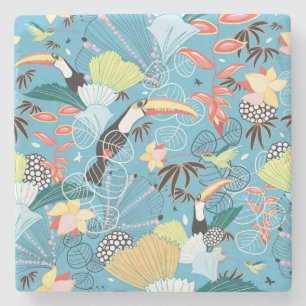 Porta-copo De Pedra Textura tropical com Toucans e colibris
