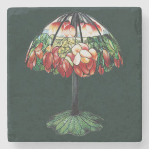 Porta-copo De Pedra Tiffany Art Nouveau Floral de Lótus Vermelho Vinta
