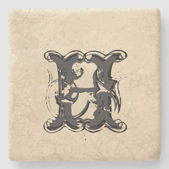 Porta-copo De Pedra Tons Beige Monogramas Padrão Floral Da Vintagem (Frente)