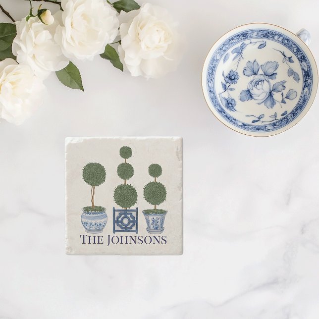Porta-copo De Pedra Topiary Tree Chinoiserie Trio (Chinoiserie topiary tree personalized garden lover stone coaster)