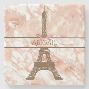 Porta-copo De Pedra Torre Eiffel Personalizada Branco, Rosa Dourado Ma