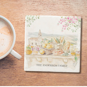 Porta-copo De Pedra Toscana Mediterrâneo Itália Monogramada Aquarela