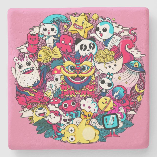 Porta-copo De Pedra Travesseiro Japonês com Arte Doodle (Frente)
