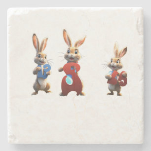 Porta-copo De Pedra Três Coelhos de Desenho Animado Segurando uma Plac
