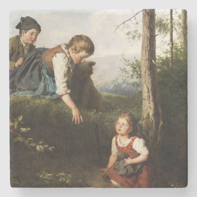 Porta-copo De Pedra Três Crianças Escolhendo Cerejas Selvagens na Flor (Frente)
