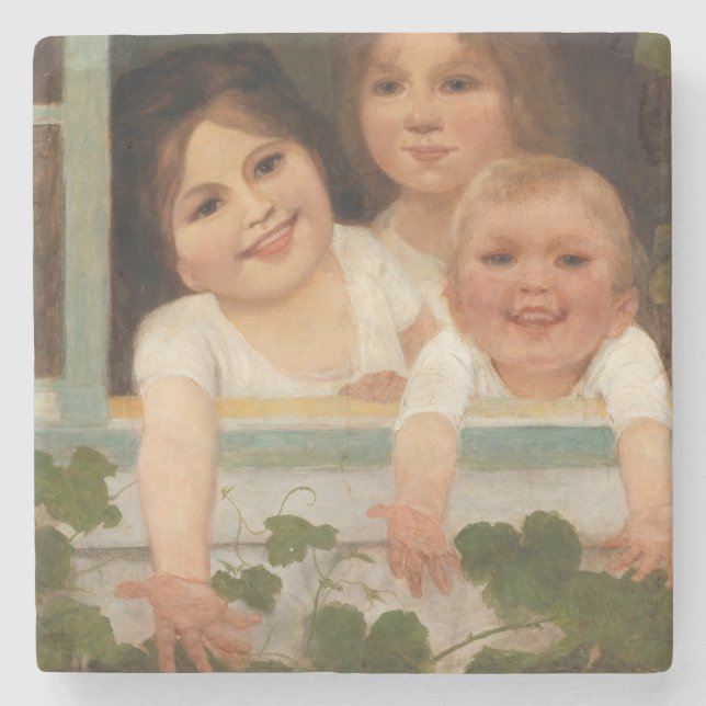 Porta-copo De Pedra Três crianças na janela (Frente)