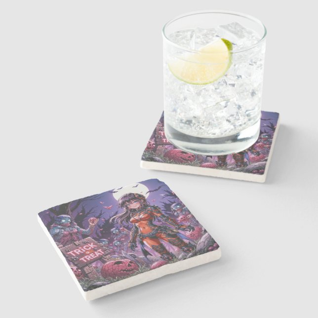 Porta-copo De Pedra Trick ou Treine Zombies Halloween Entregando o Cér (Lateral)