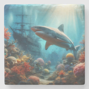Porta-copo De Pedra Tubarão-tigre costeiro/naútico e recife de coral