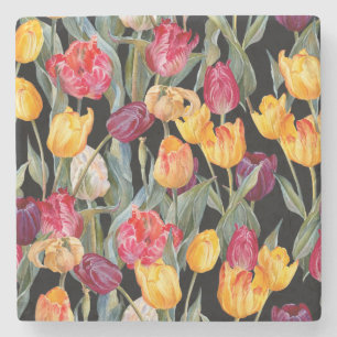 Porta-copo De Pedra Tulipas coloridas, fundo preto isolado.