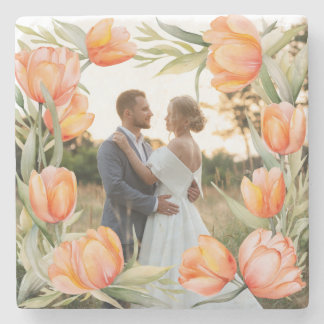 Porta-copo De Pedra Tulipas Laranja em Aquarela Borda Casal Casamento