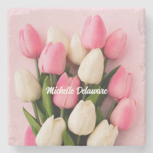 Porta-copo De Pedra Tulipas Nome Personalizado em Rosa