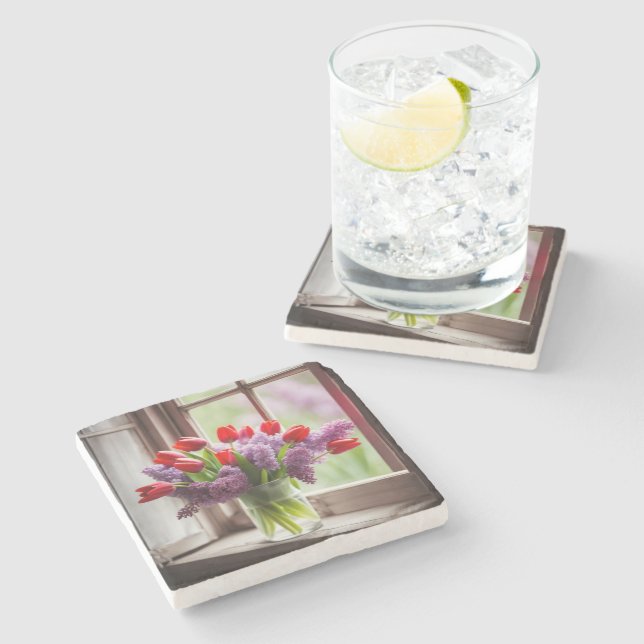 Porta-copo De Pedra Tulipas Vermelhas e Buquê Lilac (Lateral)