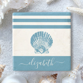 Porta-copo De Pedra Turquoise vintage seashell Beach name