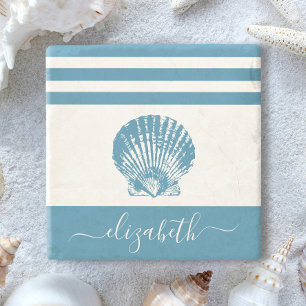 Porta-copo De Pedra Turquoise vintage seashell Beach name