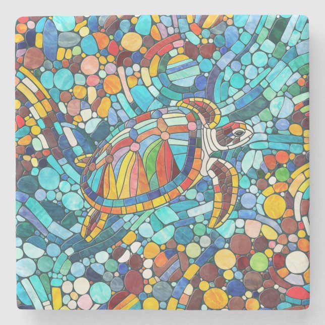 Porta-copo De Pedra Turtle Colorful mosaico art (Frente)
