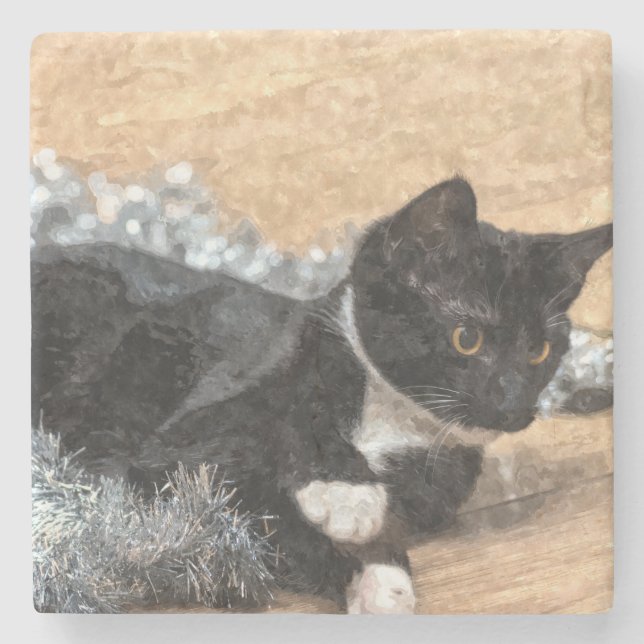 Porta-copo De Pedra Tuxedo Kitten Tinsel and Lights Painterly (Frente)