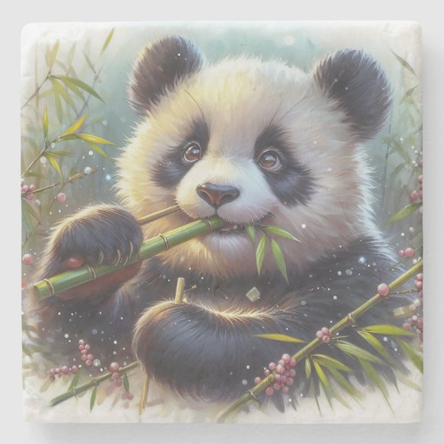 Porta-copo De Pedra Urso Panda Adorável Comendo Bambu (Frente)