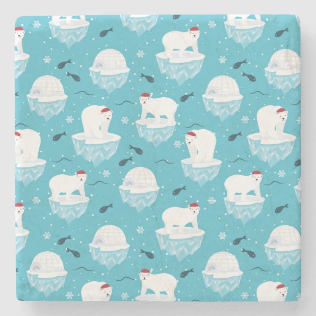 Porta-copo De Pedra Ursos Polares Bonitos em Santa Hats, Padrão de Nat (Frente)