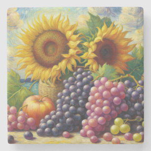 Porta-copo De Pedra Uvas e Girassóis Pintura a óleo