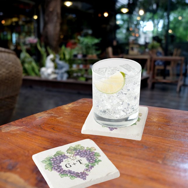 Porta-copo De Pedra Uvas monograma iniciais casamento (Criador carregado)