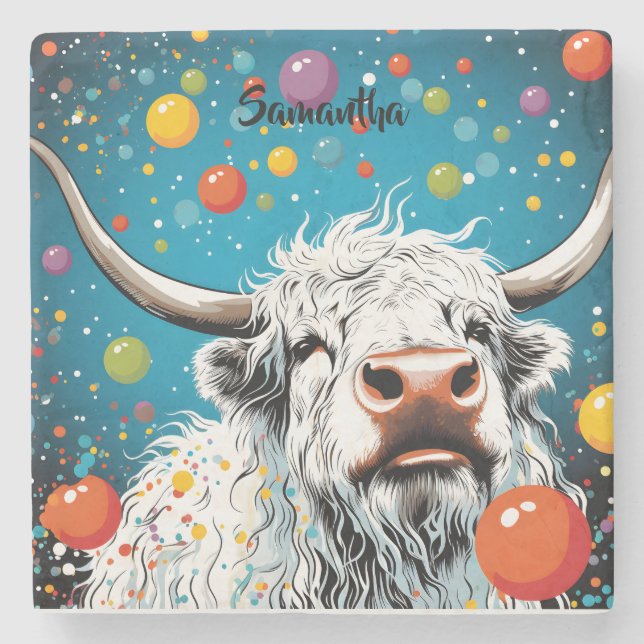 Porta-copo De Pedra Vaca escocesa divertida com bolhas. Editável (Frente)