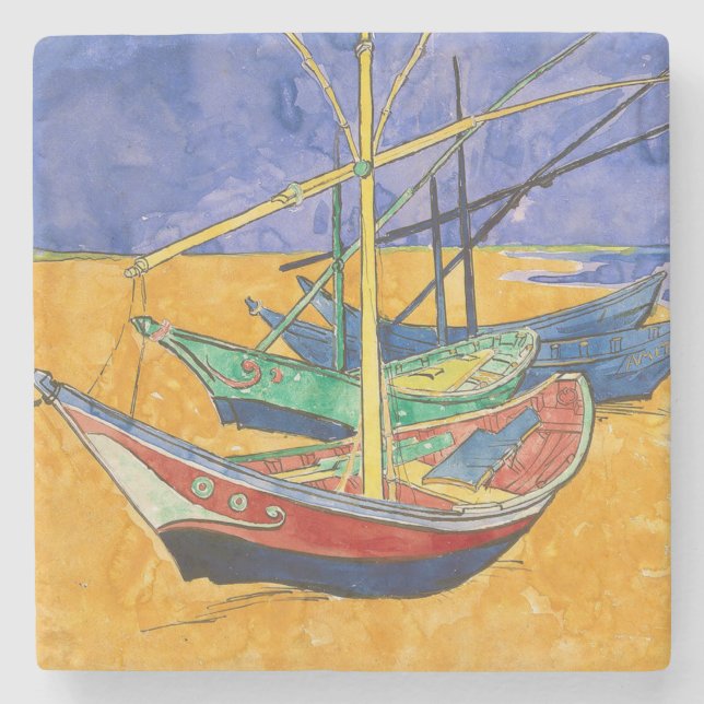 Porta-copo De Pedra Van Gogh Boats Impressionism Beach (Frente)