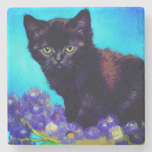 Porta-copo De Pedra Van Gogh Cat e Flores