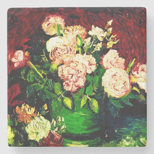 Porta-copo De Pedra Van Gogh Peonies e Rosas (Frente)