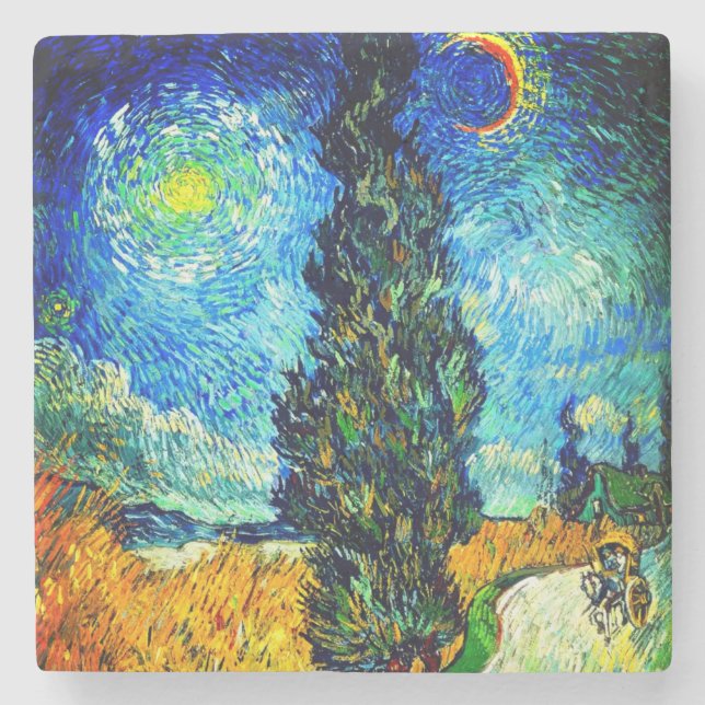Porta-copo De Pedra Van Gogh Road with Cypress and Star (Frente)