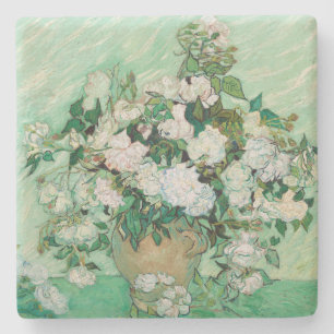 Porta-copo De Pedra Van Gogh Vase com Rosas Rosa Vintage Arte Flor