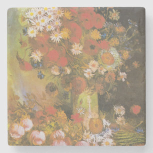 Porta-copo De Pedra Vase com flores e papoilas, peonias e crisânime