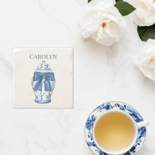 Porta-copo De Pedra Vaso de Gengibre Chinoiserie com Laço Azul 