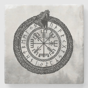 Porta-copo De Pedra Vegvisir com Ouroboros e runes - grayscale