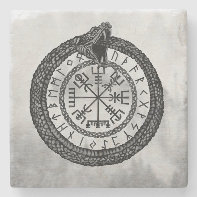 Porta-copo De Pedra Vegvisir com Ouroboros e runes - grayscale (Frente)