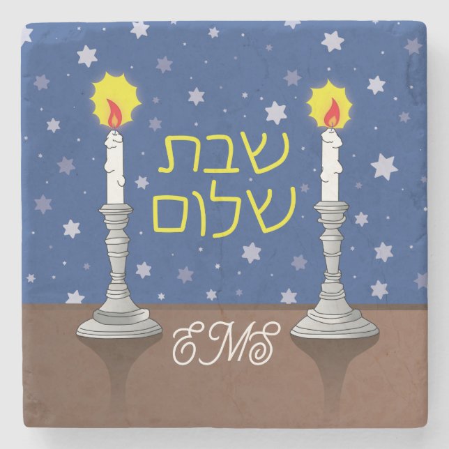 Porta-copo De Pedra Velas Shalom Shabbat com Estrelas (Frente)