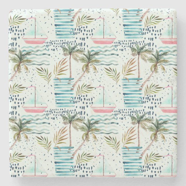 Porta-copo De Pedra Veleiro da aguarela com teste padrão da palmeira (Frente)