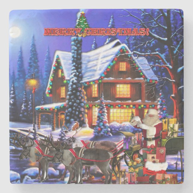 Porta-copo De Pedra Velho Papai Noel e Reindeer (Frente)