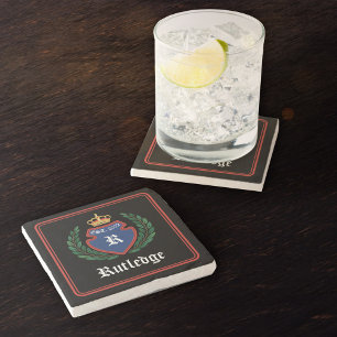 Porta-copo De Pedra Vermelho Azul, Monograma, Coroa Laurel Wreath