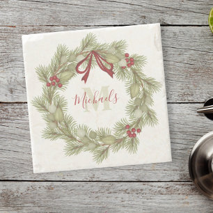 Porta-copo De Pedra Verruga Botânica de Natal Red Holly Monograma